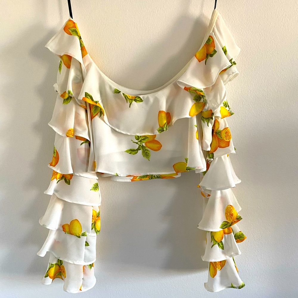 Long Ruffle Sleeve Lemon Crop Top